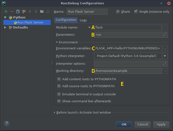 Screenshot of PyCharms's run configuration settings.